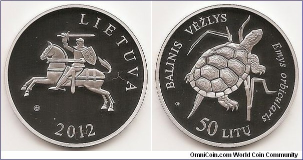 50 Litu
KM#178
50 litas coin dedicated to Lithuanian Nature. The obverse of the coin carries an image of the Coat of Arms of the Republic of Lithuania (Vytis) in the centre. The inscriptions LIETUVA and 2012 are arranged in a semicircle around it. Also featured on the coin is the mintmark of the Lithuanian Mint. The reverse of the coin features a stylised pond turtle included in the Red Data Book of Lithuania. The inscriptions BALINIS VĖŽLYS (