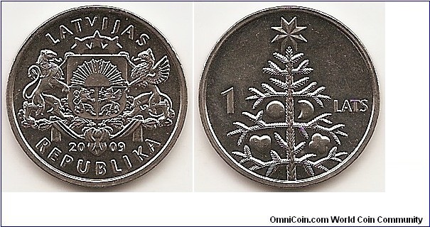 1 Lats
KM#106
4.8000 g., Copper-Nickel, 21.75 mm. Obv: National Arms Rev: Christmas tree, heart as ornament