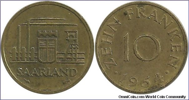 Saarland 10 Franken 1954