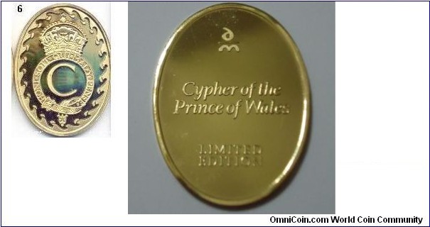 1981 UK The Wedding of Prince Charles to Diana Spencer Armourrial Bearings and Badges accociated with two families Oval Medals produced by Danbury Mint. Gilted Silver: 40X30MM./5.58 oz. Mintage: 5,000
1981-6 Cypher of the Prince of Wales.
