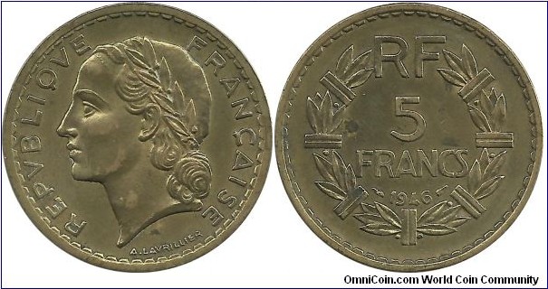 France 5 Francs 1946-AlBr - KM# 888a.2 - Struck for colonial use in Africa