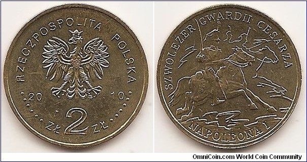 2 Zlote
Y#718
8.1500 g., Brass, 27 mm. Subject: Imperial Guard Obv: An image of the eagle established as the state emblem of the republic of Poland. On the sides of the Eagle, the notation of the year of issue: 20-10. Below the Eagle, an inscription: ZŁ 2 ZŁ; in the rim, an inscription: RZECZPOSPOLITA POLSKA (Republic of Poland), preceded and followed by six pearls. The Mint’s mark: M/W, under the Eagle’s left leg Rev: In the centre, against a stylized fragment of an image of mounted ChevauLégers, a stylised image of a mounted Chevau-Léger raising a sabre. At the top, a semicircular inscription: SZWOLEŻER GWARDII CESARZA (Chevau-Léger of the Imperial Guard). At the bottom, a semicircular inscription: NAPOLEONA I (of Napoleon I).  Edge:  The inscription, NBP, repeated eight times, every second one inverted by 180 degrees, separated by stars. Reverse designer: Andrzej Nowakowski
obverse designer: Ewa Tyc-KarpińsKa