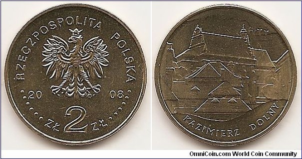 2 Zlote
Y#641
8.1500 g., Brass, 27 mm. Subject: Monuments of Material Culture 
In Poland Obv: Image of the eagle established as the State emblem of the republic of Poland, at the sides of the eagle the notation of the year of issue, 20-08, underneath the Eagle, an inscription, ZŁ 2 ZŁ, in the rim an inscription, RZECZPOSPOLITA PolSKA, preceded and followed by six pearls. The Mint’s mark under the eagle’s left leg, M/W Obv. Legend: RZECZPOSPOLITA POLSKA Obv. Designer: Ewa Tyc-Karpinska Rev:  Stylised images: of the roofs of houses and of the parish church by the marketplace in Kazimierz dolny. At the top, a stylised image of Góra Trzech Krzyży (the Three Crosses Hill). At the bottom, a semicircular inscription, KAZIMIERZ DOLNY. Rev. Designer: Ewa Olszewska-Borys Edge: An inscription, NBP, eight times repeated, every second one 
inverted 180 degrees, separated by stars.