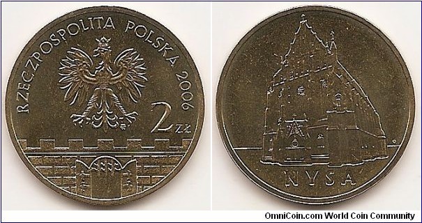 2 Zlote
Y#570
815.0000 g., Brass, 27 mm. Obv: National arms above gateway Rev: City of Nysa Edge Lettering: * NBP * eight times