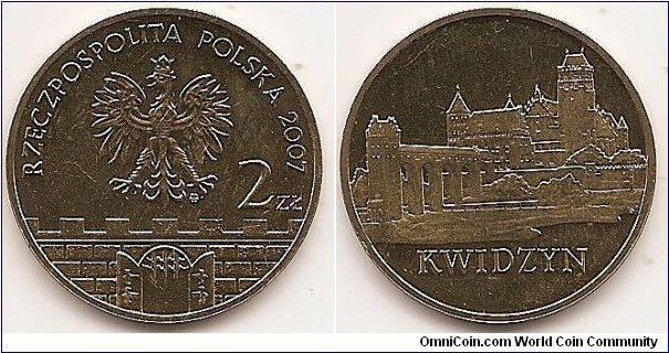 2 Zlote
Y#577
8.1500 g., Brass, 27 mm. Obv: Crowned eagle Rev: Kwidzyn Castle Edge Lettering: * NBP * eight times