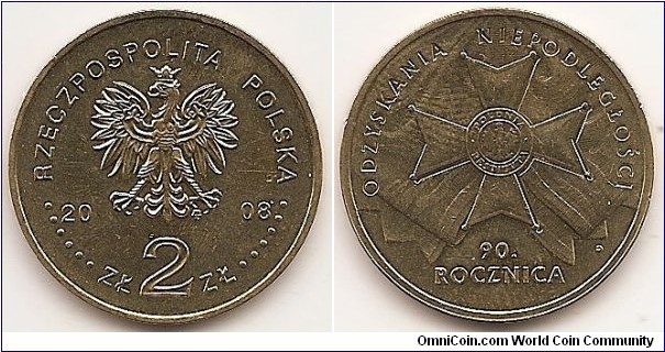 2 Zlote
Y#650
8.1500 g., Brass, 27 mm. Subject: 90th Anniversary of Regaining Freedom Obv: Image of the Eagle established as the State Emblem of the Republic of Poland, at the sides of the Eagle the notation of the year of issue, 20-08, underneath the Eagle, an inscription, ZŁ 2 ZŁ, in the rim an inscription: RZECZPOSPOLITA POLSKA, preceded and followed by six pearls. The Mint’s mark under the Eagle’s left leg: M/W Rev: Stylized image of the decoration Order of Polonia Restituta [Order of Poland Reborn] against a fragment of the ribbon of the order in the background. Below the order an inscription: 90./ROCZNICA (90th anniversary). At the top, a circumscription: ODZYSKANIA NIEPODLEGŁOŚCI (of regaining freedom). Edge: :  An inscription, NBP, eight times repeated, every second one inverted by 180 degrees, separated by stars. Obv. designer: Ewa Tyc-Karpińska Rev. designer: Ewa Olszewska-Borys
