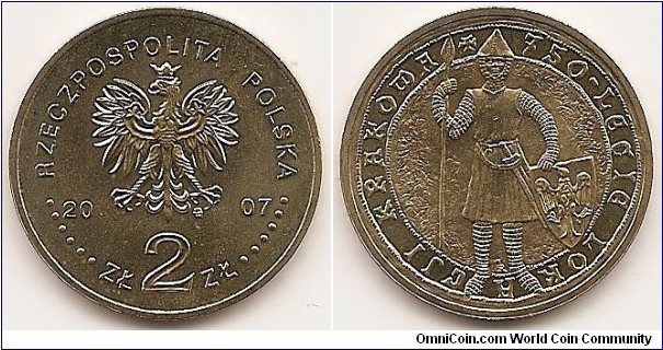 2 Zlote
Y#594
8.1500 g., Brass, 27 mm. Subject: 750th Anniversary Municipality of Krakau Obv: An image of the Eagle established as the State Emblem of the Republic of Poland, in the central part. The notation of the year of issue, 20-07, at the sides of the Eagle. Below the Eagle, an inscription, Zł 2 Zł, and in the rim, a semicircular inscription, RZECZPOSPOLITA POLSKA, preceded and followed by six pearls. The Mint's mark, M/W, under the Eagle's left leg. Rev: A stylised image of a part of the seal of Prince Bolesław the Shy. In the rim, a semicircular stylised inscription, 750-LECIE LOKACJI KRAKOWA, ending with a small X.
Edge: An inscription, NBP, repeated eight times, every second one inverted by 180 degrees, separated by stars. Obv. designer: Ewa Tyc-Karpińska Rev. designer: Robert Kotowicz