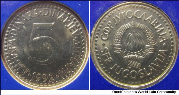 Yugoslavia 1992 5 dinar in mint set. 