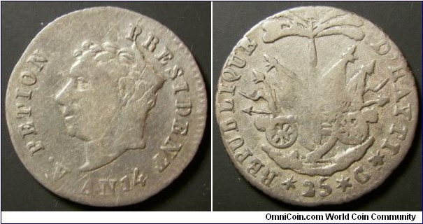 Haiti AN14 (1817) 25 centimes. About 5 degrees die rotation. Weight: 2.75g. 