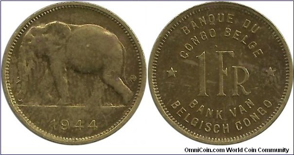BelgianCongo 1 Franc 1944 - Obverse: There is an initial at right near the rim.