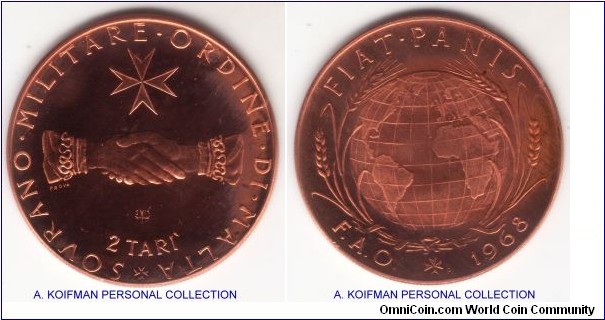 Prev. KM#M23.2, 1968 Military Order of Malta 2 Tari; reeded edge, bronze; thin flan variety, toned proof FAO commemorative Prova, from the original album.
