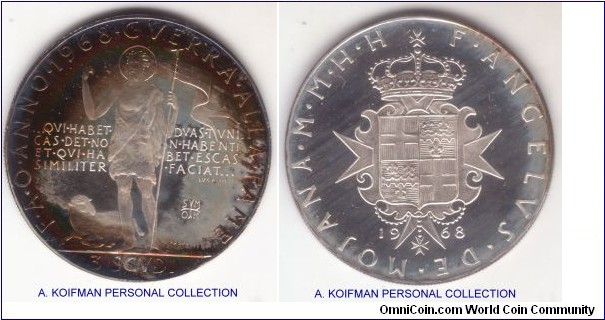 KM X26, 1968 Military Order of Malta 3 scudi; reeded edge, silver; toned cameo proof FAO commemorative prova from the original album.