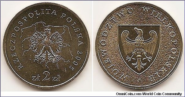 2 Zlote
Y#562
8.1500 g., Brass, 27 mm. Subject: Voivodships' arms Obv: National arms on outlined map. Obv. Legend: RZECZPOSPOLITA POLSKA The Mint's mark, M/W, under the Eagle's left leg. Rev: Region arms. Rev. Legend: WOJEWODZTWO WIELKOPOLSKIE Edge: An inscription, NBP, repeated eight times, every second one inverted by 180 degrees, separated by stars. Designer: Urszula Walerzak