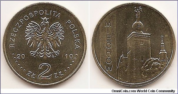 2 Zlote
Y#760
8.1500 g., Brass, 27 mm. Subject: Towns in Poland Obv: An image of the Eagle established as the state emblem of Republic of Poland. On the sides of the Eagle, the notation of the year of issue: 20-10, below the Eagle, an inscription: ZŁ 2 ZŁ. Along the upper rim, an inscription: RZECZPOSPOLITA POLSKA, preceded and followed 
by six pearls. The mint’s mark: MW under the Eagle’s left leg. Rev: A stylised image of the Basilica of the Holy Sepulchre in Miechow placed in the centre. On the left, vertically, an inscription: MIECHÓW. Edge: The inscription: NBP, repeated eight times, every second one inverted by 180 degrees, separated with stars. Coin designer: Ewa Tyc-Karpińska