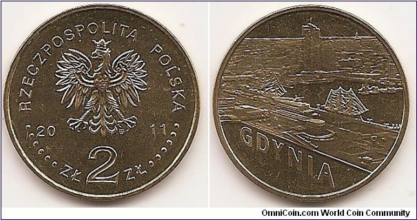 2 Zlote
Y#783
8.1500 g., Brass, 27 mm. Subject: Towns in Poland Obv: An image of the Eagle established as the state emblem of Republic of Poland. On the sides of the Eagle, the notation of the year of issue: 20-11, below the Eagle, an inscription: ZŁ 2 ZŁ. Along the upper rim, an inscription: RZECZPOSPOLITA POLSKA, preceded and followed by six pearls. The mint’s mark: MW under the Eagle’s left leg. Rev: A stylized image of a fragment of port in Gdynia, against the background of urban landscape. At the bottom obliquely, an inscription: GDYNIA. Edge: The inscription: NBP, repeated eight times, every second one inverted by 180 degrees, separated by stars. Obv. designer: Ewa Tyc-Karpińska Rev. designer: Dobrochna Surajewska