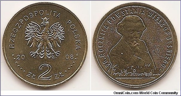 2 Zlote
Y#662
8.1500 g., Brass, 27 mm. Subject: 90th Anniversary of the Greater Poland Uprising Obv: An image of the Eagle established as the state emblem of the Republic of Poland, on both sides of the Eagle the notation of the year of issue: 20-08. Below the Eagle the inscription: ZŁ 2 ZŁ, a circumscription: RZECZPOSPOLITA POLSKA (the Republic of Poland) in the rim, preceded and followed by six pearls. The mint’s mark: M/W under the Eagle’s left leg. Rev: A stylized image of a bust of Ignacy Jan Paderewski leaning his head against his hand. Against the background of the bust at the bottom a stylized image of a marching party of insurgents of the Greater Poland Uprising.  A circumscription: 90. ROCZNICA POWSTANIA WIELKOPOLSKIEGO (90th anniversary of the Greater Poland uprising) in the rim. Edge: the inscription: NBP, repeated eight times, every second one inverted  by 180 degrees, separated by stars. Obv. Designer: Ewa Tyc-Karpińska . Rev. Designer: Urszula Walerzak