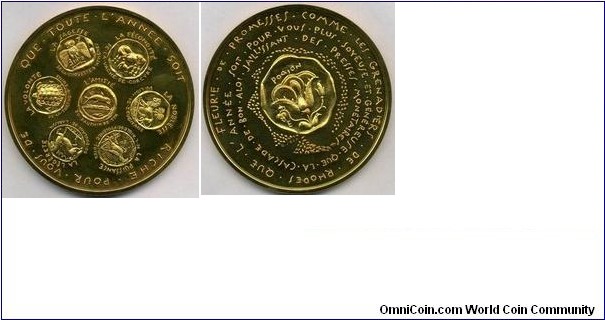 1969 France QUR TOUTE L'ANNEE SOIT RICHE POUR VOUS DE (The Whole Year Is Rich For You) Medal engraved by R. Joly. Gilted Bronze: 100MM./358 gm.
Obv: 7 Ancient coins in symbols for Will of the Aedina Turtle/Wisdom of Athens Owl/Fertility of Corcyra Cow/Noblese of Zeigitane Lion/Power of Ptolemy Soter Eagle/Lightness of Larissa Foal/Friendship of Tyr Dolphin. Rev: Ancient coin in symbol of Fleurie Flower of Promise as grenadiers of Rhodes, the year is for you generous and joyful as cascade of good quality presses springing monetarist. 
