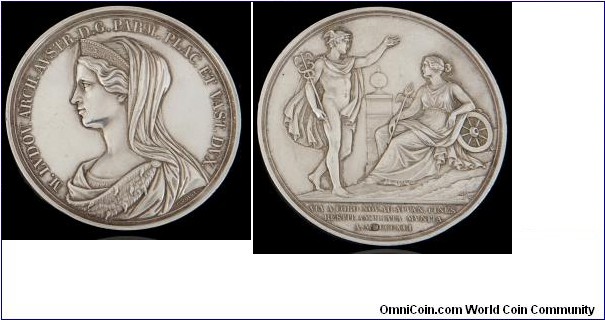 1841 Austria The Duchess of Parma, Piacenza and Guastalla Maria Luigia (1815-1847) Medal by Carl Friedrich Voigt. Silver: 56MM./85.53 gm.
Obv: Bust of Marie Louise with tiara (Doughter of Queen Maria Louise), veil and covered with a mantle of ermine. Legend M LVDOV ARCH AVSTR P G PARAT PLAC ET VAST DVX. Rev: Mercury standing with caduceus, facing a female figure sitting. Learning against a wheel, with the s.caduceus ending with two wings and an open hand, an allegory of Sucurity and Speed.
