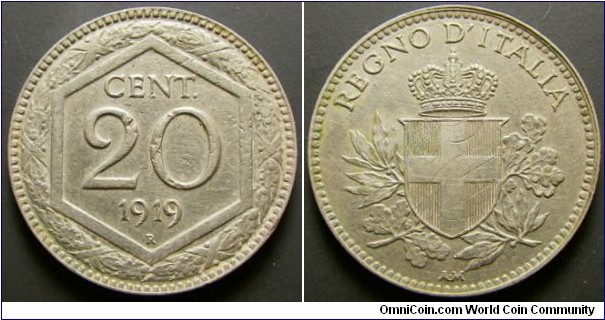 Italy 1919 20 cents overstruck over 1894 20 cents. Weight: 3.95g. 