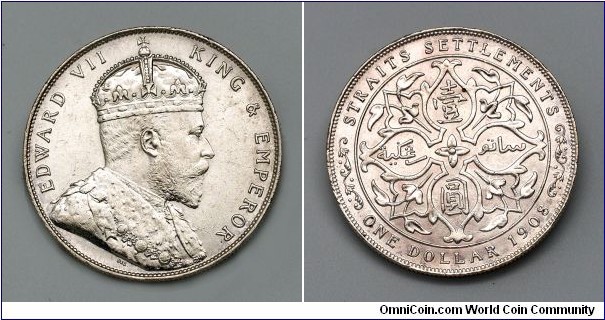 Straits Settlements 1908 King Edward VII $1.
Silver