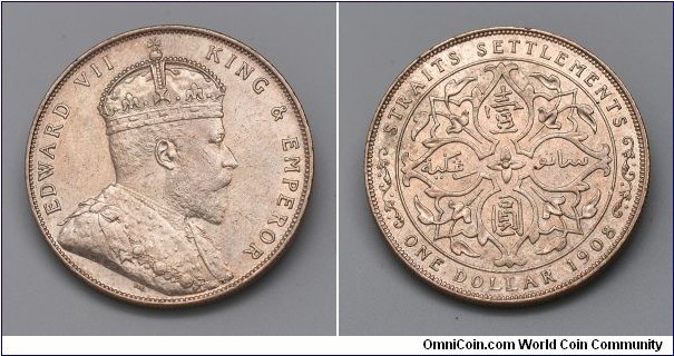 Straits Settlements 1908 King Edward VII $1. Silver. Light stains