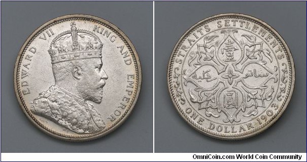 Straits Settlements 1903 King Edward VII $1. Silver. Spaced 3 Variety
