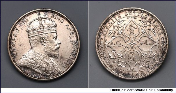 Straits Settlements 1904 King Edward VII $1 Silver Stained
