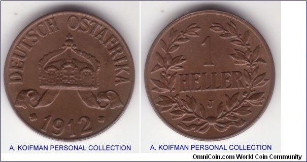 KM-7, German East Africa heller, Hamburg mint (J mint mark); bronze, plain edge; nice brown uncirculated.