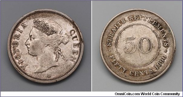 Straits Settlements 1890H Queen Victoria 50cts Silver