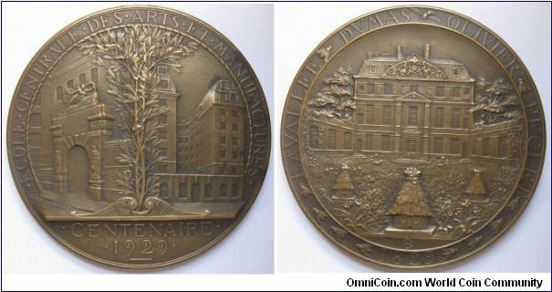 1829-1929 France Arts & Manufacturers Medal by Prud'homme. Bronze: 68MM./114.8 gm.
Obv: Exterior view of School. Legend ECOLE.CENTRALE.DES.ARTS.FT.MANUFACTURES. CENTENAIRE.1929. Rev: Interior view of school yard with 3 Honeycombs. Lengend LAVALLEE DVMAS OLIVIER PECLET 1829 around & spaced by 11 Bees. 

