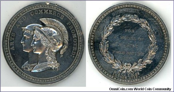 1829 UK Royal Society of Arts, Instituted 1753, Mercury & Minerva Medal by W. Wyon. Silver: 52MM./64.8gm.Obv: Conjoined busts of Mercury and Minerva, legend ARTS AND COMMERCE PROMOTED. Rev: Wreath border around & SOCv INSd. London 1753. Award to MR. JOS.STEPHENS.MDCCCXXIX FOR A MODEL OF A BUST FROM NATURE.
