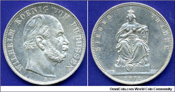 Vereinsthaler (Siegesthaler).
Kingdom of Prussia.
Wilhelm (1861-1888), von Preussen.
*A* - Berlin mint.
Mintage 880,000 units.
Victory with war with France.


Ag900f. 18,52gr.