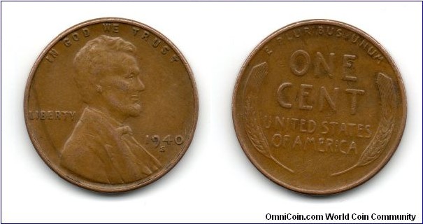 1940 Lincoln Cent, Wheat Ears Reverse. San Francisco Mint