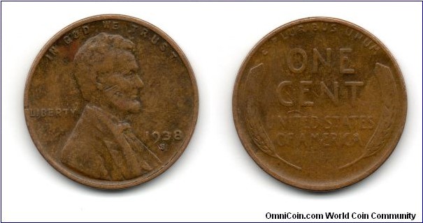 1938 Lincoln Cent, Wheat Ears Reverse. San Francisco Mint