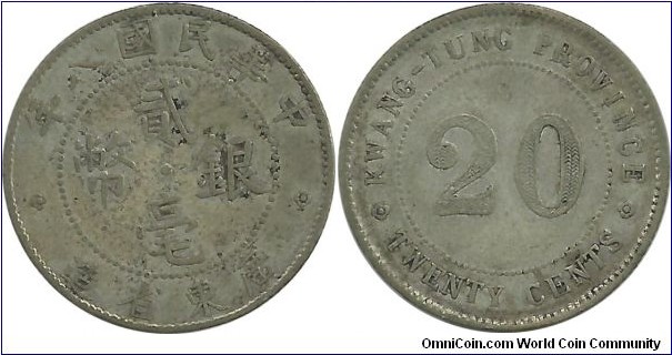 China-Republic 20 Cents 8(1919) Kwang-Tung