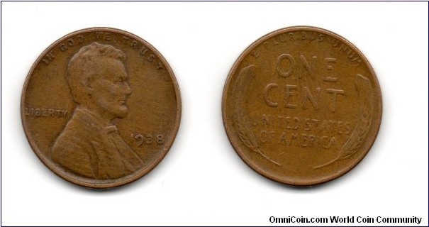 1938 Lincoln Cent, Wheat Ears Reverse. Philadelphia Mint