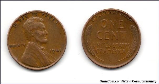 1941 Lincoln Cent, Wheat Ears Reverse. Philadelphia Mint