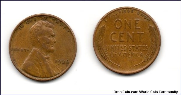 1936 Lincoln Cent, Wheat Ears Reverse. Philadelphia Mint