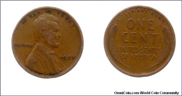 1927 Lincoln Cent, Wheat Ears Reverse. Philadelphia Mint