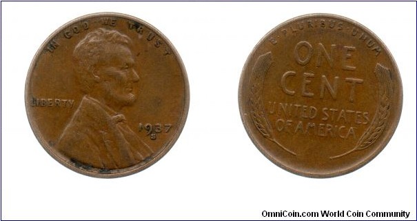 1937 Lincoln Cent, Wheat Ears Reverse. San Francisco Mint