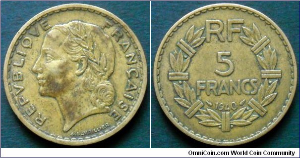 5 francs 1940. Aluminum - bronze.
Struck for Colonial use in Algeria.