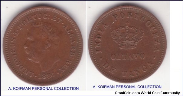 KM-307, 1886 Portuguese India oitavo (1/8) tanga; copper, plain edge; good very fine or better specimen.