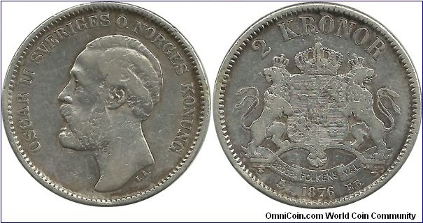Sweden 2 Kronor 1876 - 15.00g 0.800 Ag