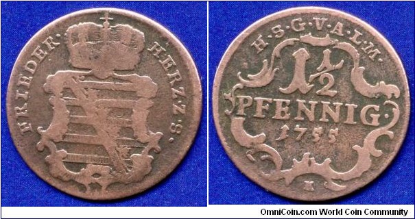 1-1/2 pfennig.
Sachsen-Gotha-Altenburg.
Friedrich III (1732-1772).
Mintage 761,000 units.


Cu.