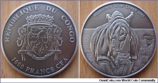 1000 Francs CFA - Rhinoceros - 1 oz Ag .999 antique finish - mintage 2,000