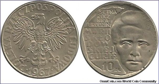 Poland 10 Zlotych 1967-Centennial Birth of Marie  Sklodowska Curie