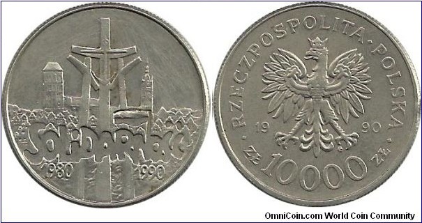 Poland 10000 Zloty 1990-10th Anniversary, Solidarity