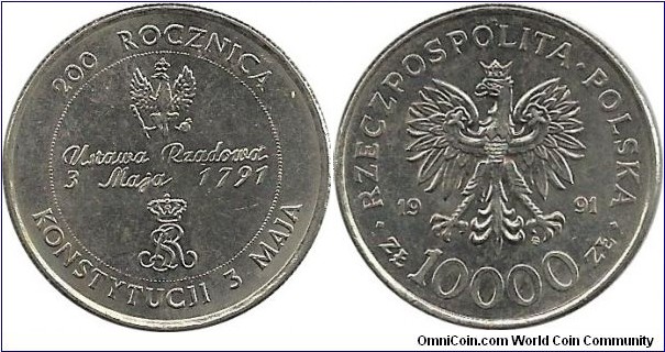 Poland 10000 Zloty 1991-200th Anniversary, Polish Constitution