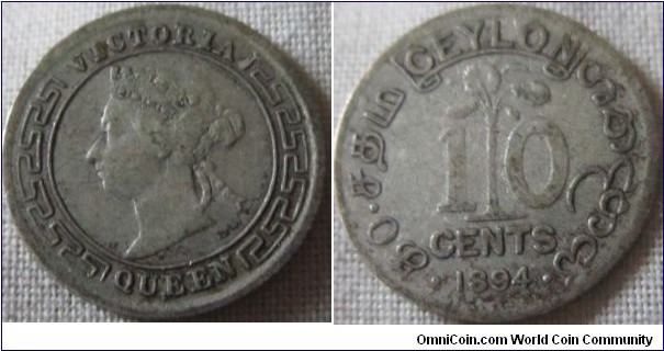 1894 Ceylon 10 cents aVF