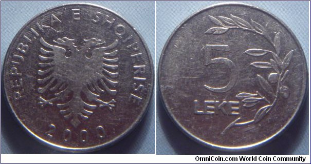 Albania | 
5 Lek, 2000 | 
20 mm, 3.12 gr. | 
Nickel plated Steel | 

Obverse: Double headed eagle and date | 
Lettering: REPUBLIKA E SHQIPERISE 2000 | 

Reverse: Denomination and an olive branch | 
Lettering: 5 LEKE | 